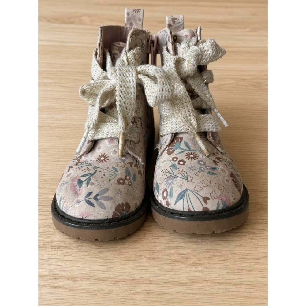 Cat & Jack Toddler Girls Floral Print Boots Size 5 Glitter Laces Side Zip Pink